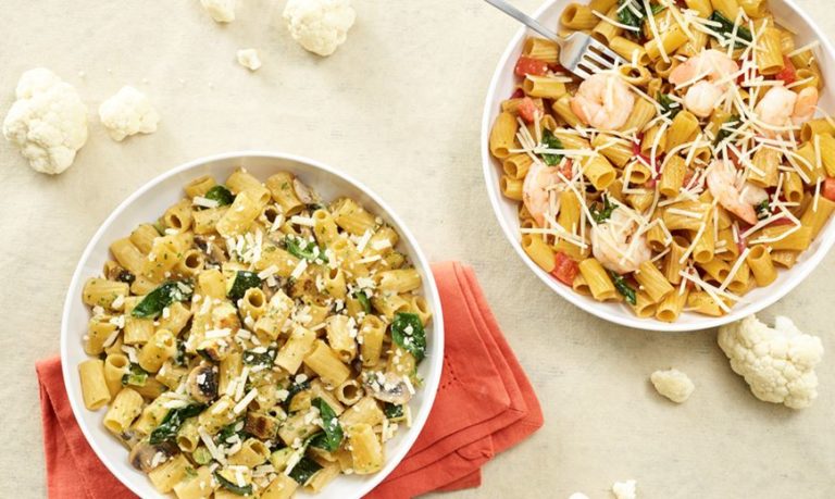 A variety of Noodles & Company pasta dishes including Cauliflower Rigatoni